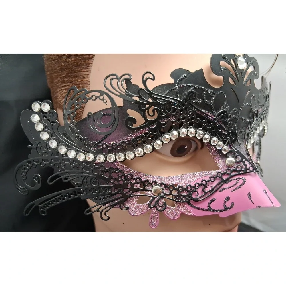 Black and Pink Laser-Cut Masquerade mask‎ with Rhinestones Adult Size